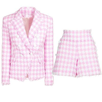 Houndstooth Woolen Plaid Double Breasted White Button Two Piece Sets