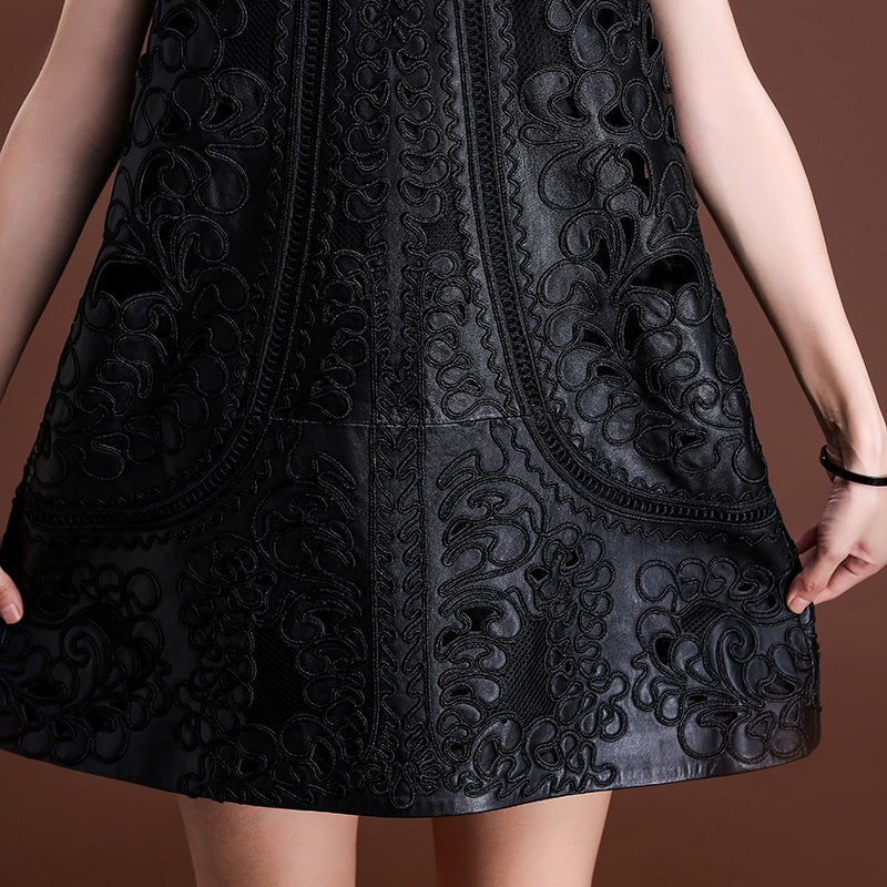 Embroidered Genuine Leather Dress