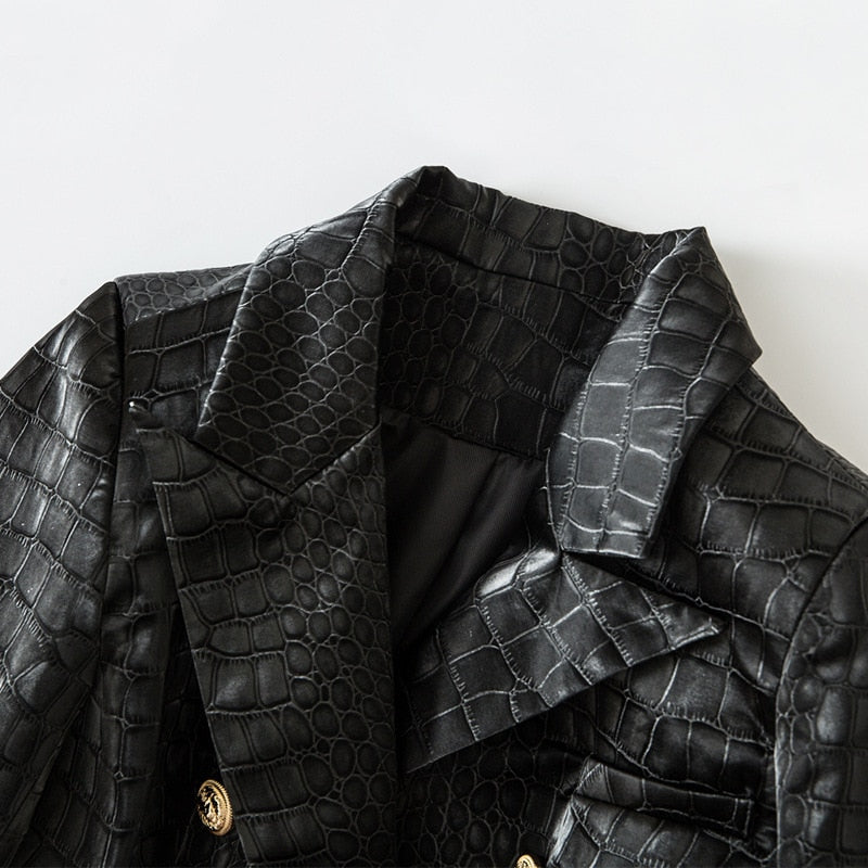 PU Crocodile Pattern Leather Black Blazer