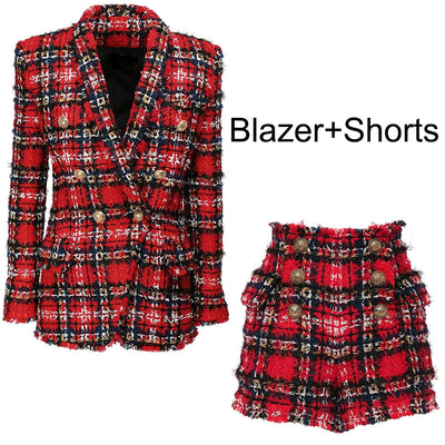 Red Plaid Tweed Blazer Shorts Suit