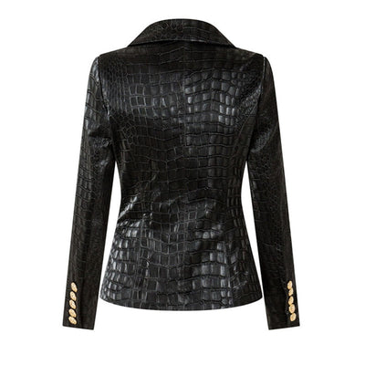 PU Crocodile Pattern Leather Black Blazer