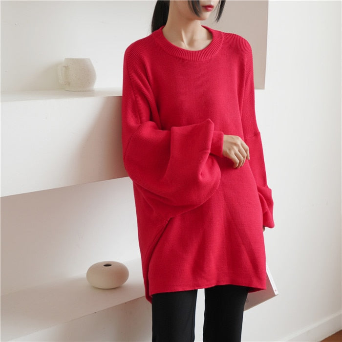 Solid Round Neck Pullover Bat Sleeve Long Knit Sweater