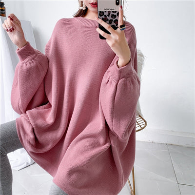 Solid Round Neck Pullover Bat Sleeve Long Knit Sweater