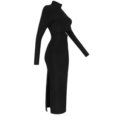 Slim Long Sleeve Cut Out High Split Mid-Calf Dress