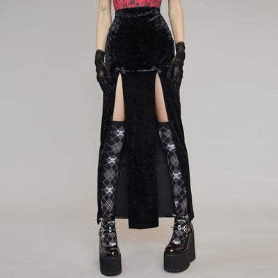 Gothic Black Velvet Split Skirt