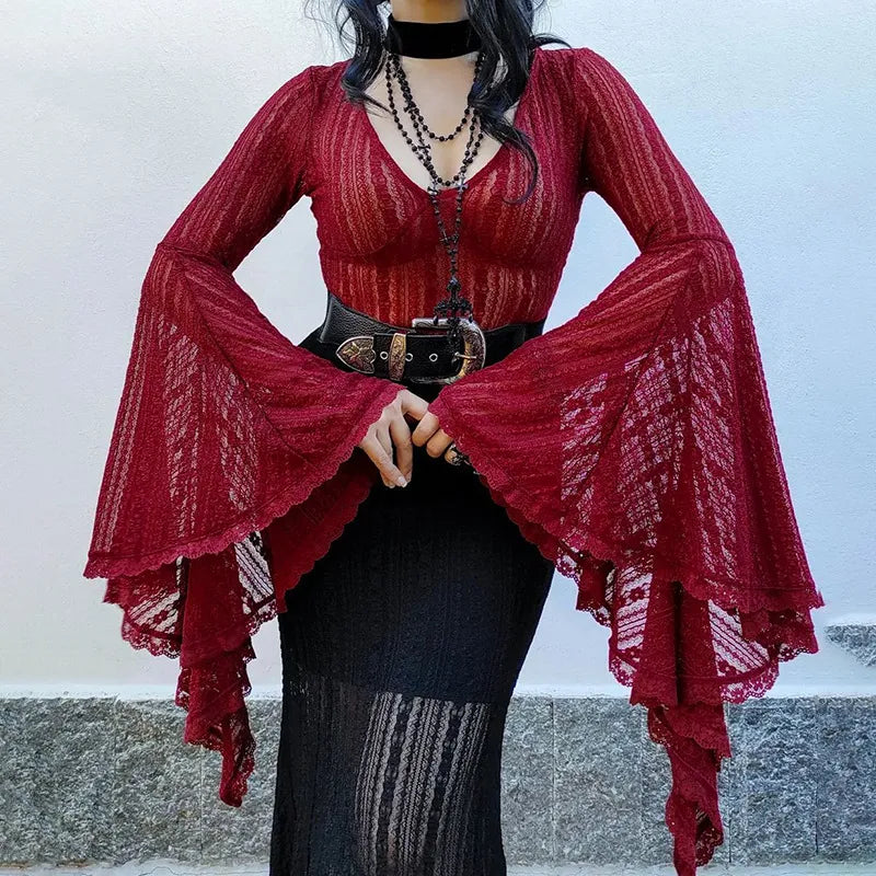 Goth Lace See Through Bodysuit Flare Sleeve Top