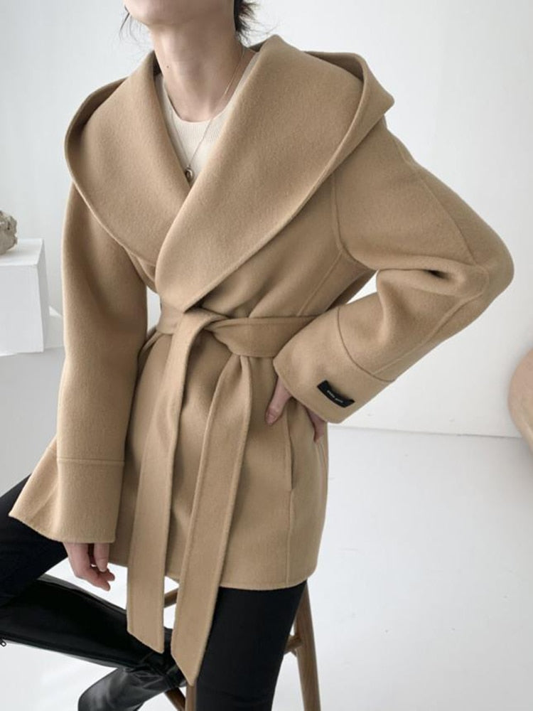 Hooded Belted Long Sleeve Coat