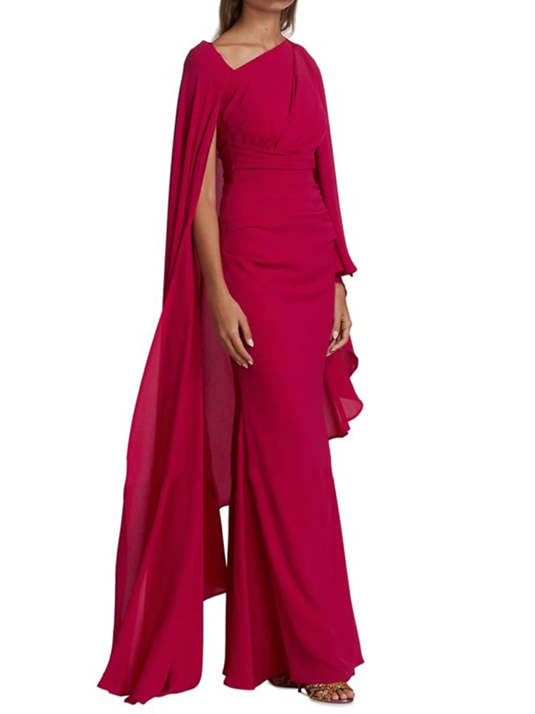 Red Elegant V Neck Long Sleeve A Line Dress