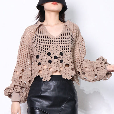 V Neck Loose Long Sleeve Patchwork Cut Out Pullover
