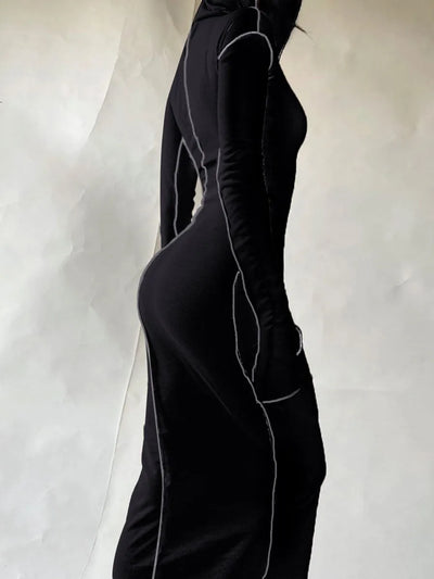 Black Hooded Striped Bodycon Long Sleeve Sweater Dress