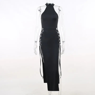 Black Gothic Halter Slim High Split Dress
