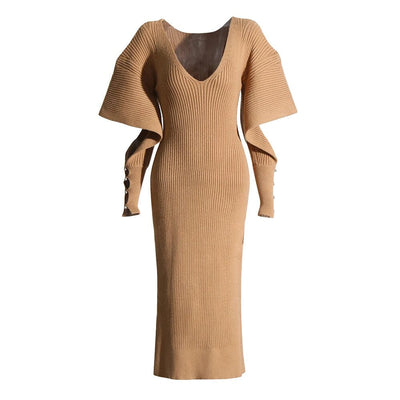 Cut Out V Neck Long Sleeve Pullover Knit Dress