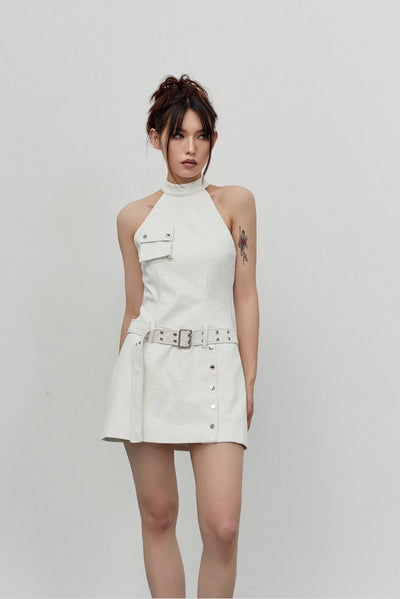 Sleeveless White Crocodile Print Faux Leather Halter Dress