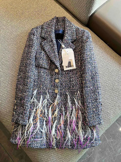 Fringe Feather Tweed Mid-Length Jacket