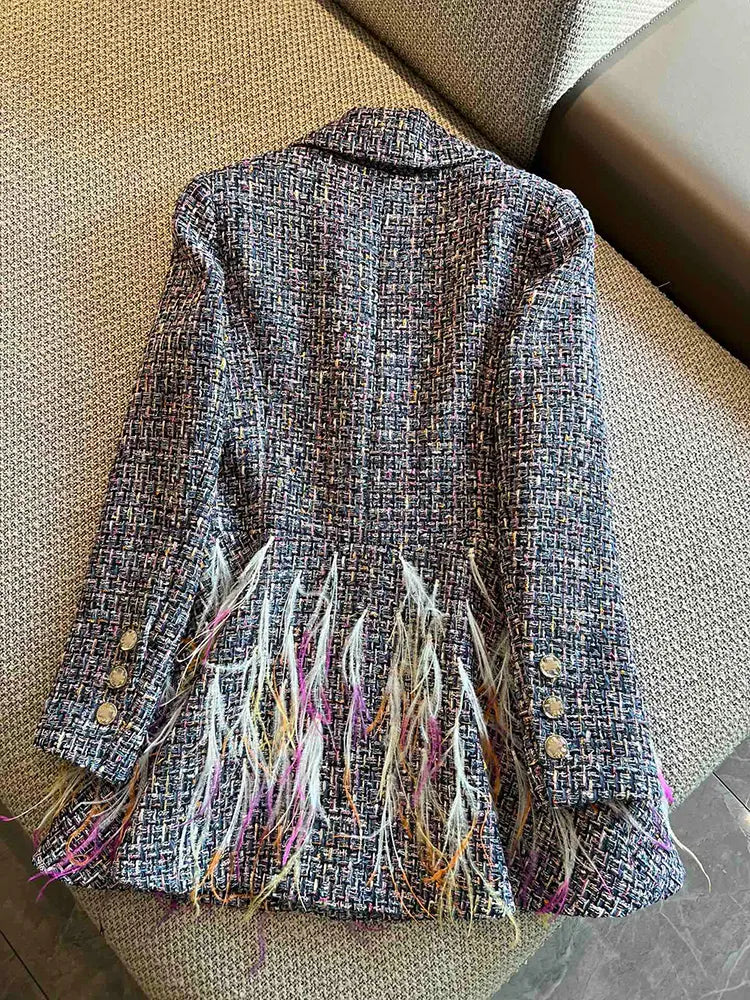 Fringe Feather Tweed Mid-Length Jacket
