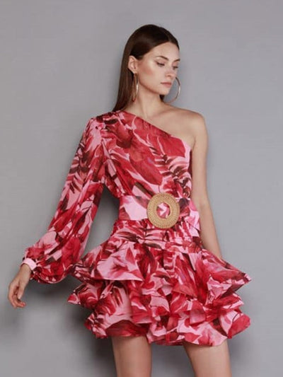 Floral Mini One Shoulder Belt Printed Dress