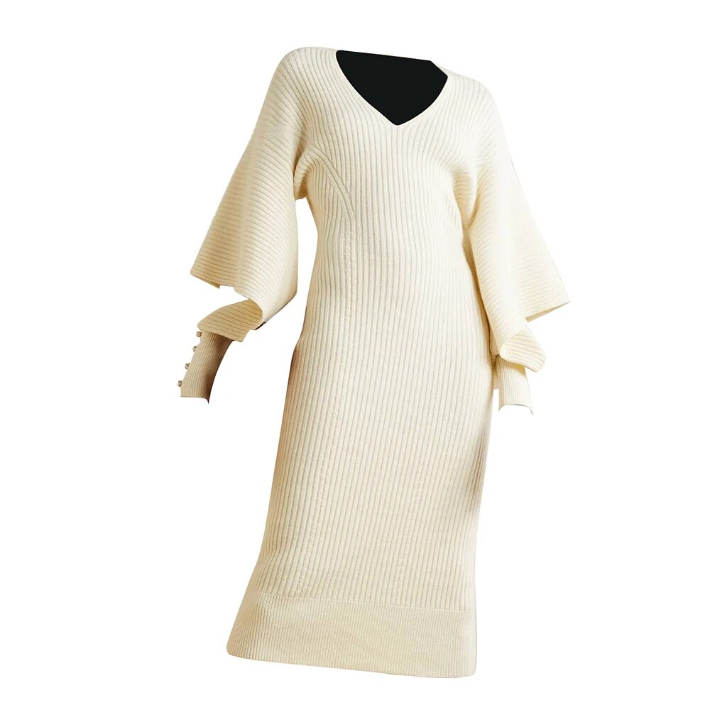 Cut Out V Neck Long Sleeve Pullover Knit Dress