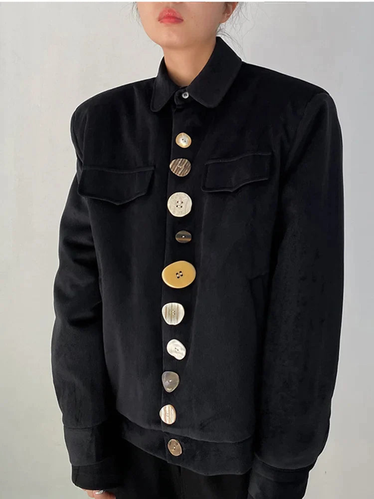 Corduroy Button Black Cotton-Padded Jacket