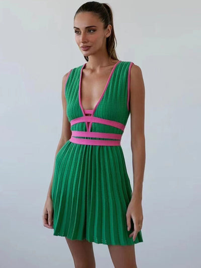 Pleated Mini V-neck Sleeveless Dress