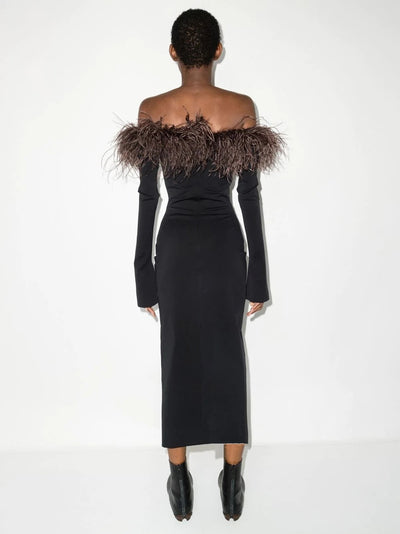 Feathers Off The Shoulders Knitted Long Dress