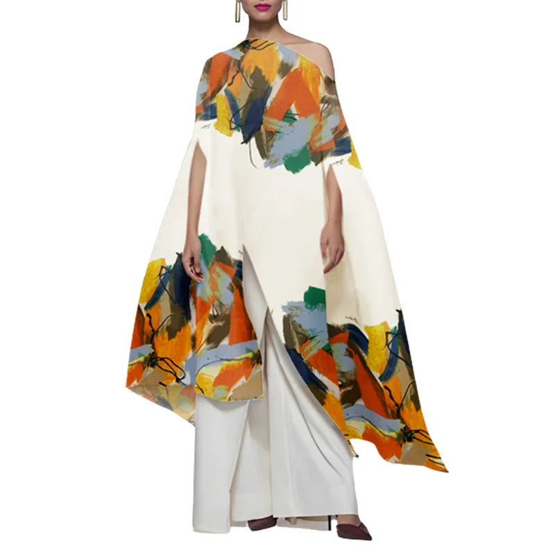Abstract Printed One-Shoulder Batwing Sleeves T-Dress