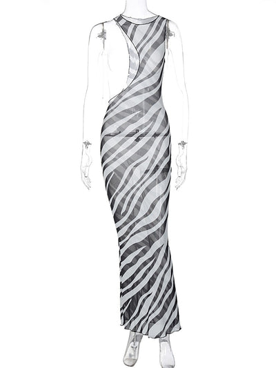 Cut Out Zebra Stripes Off One Shoulder Maxi Dress