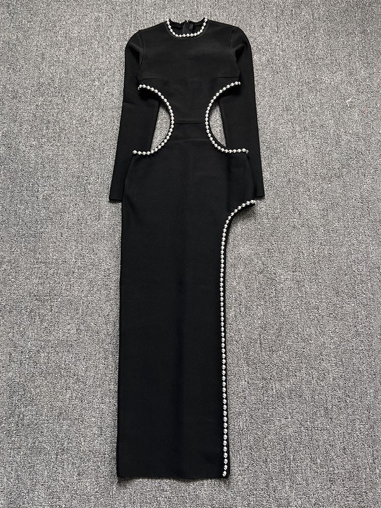 Cutout Black Beaded Long Body Dress