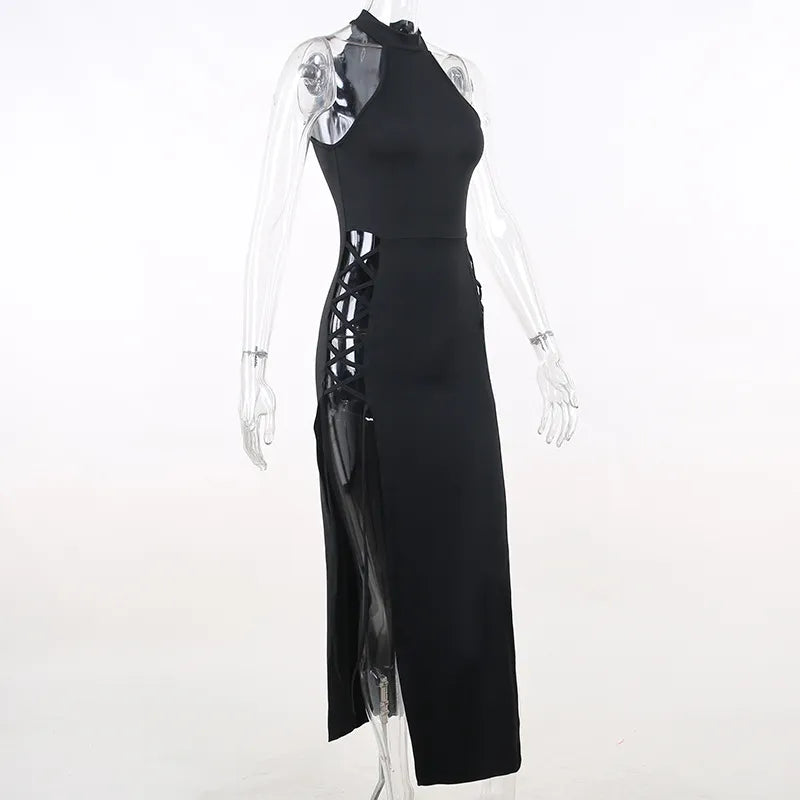 Black Gothic Halter Slim High Split Dress
