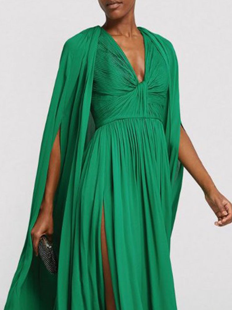 Green High Waist V-neck Long Sleeve Dress