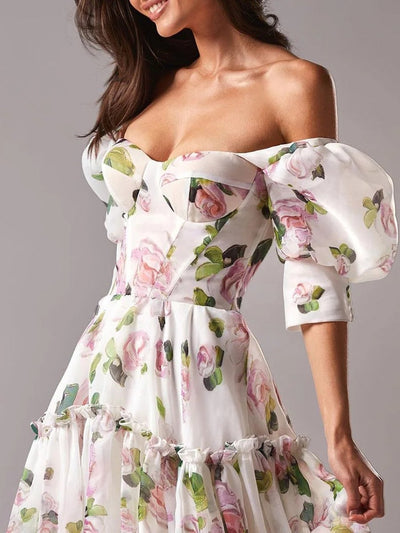 Floral Puff Sleeve Off Shoulder Dress