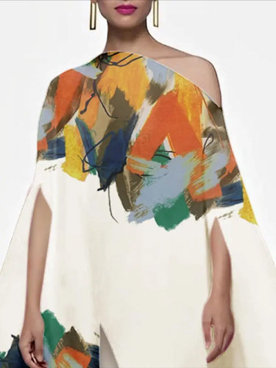 Abstract Printed One-Shoulder Batwing Sleeves T-Dress