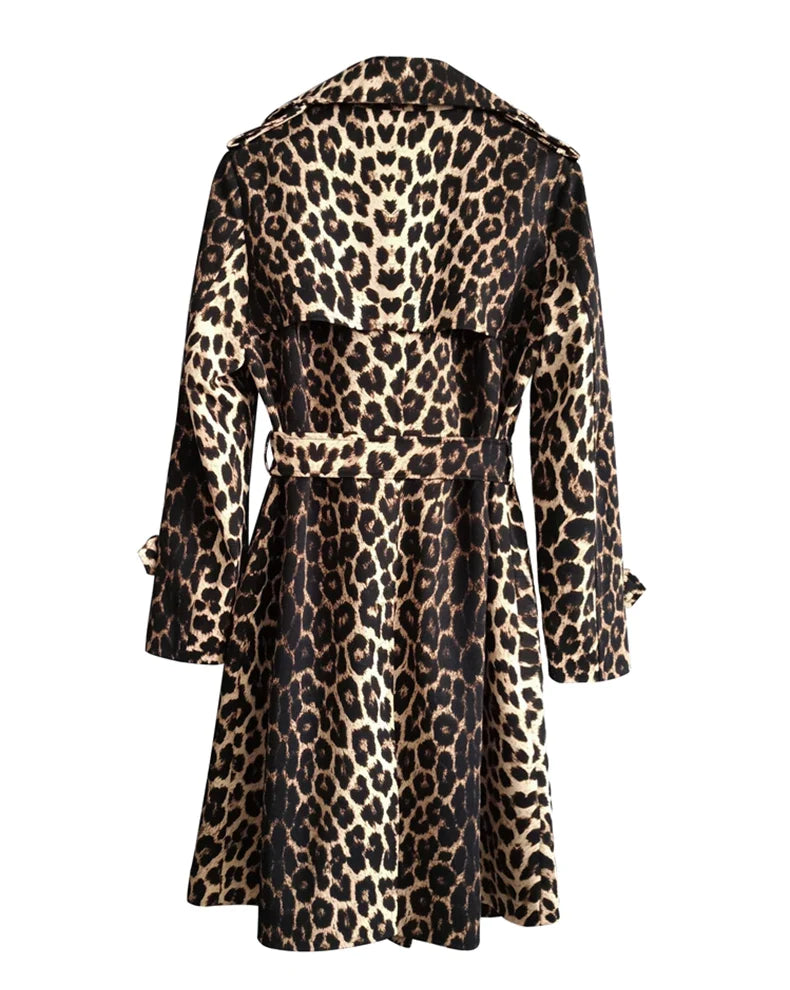 Double Buttoned Long Leopard Print Trench Coat