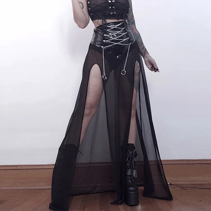 Gothic Mesh See Through Faux Leather Long Skirt