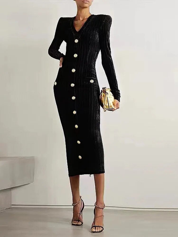Velvet Dresses  V Neck Long Sleeve Single Buttoned Slim Dress