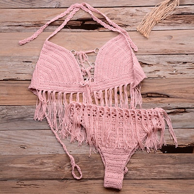 Crochet Knitted Tassel Bikini Set