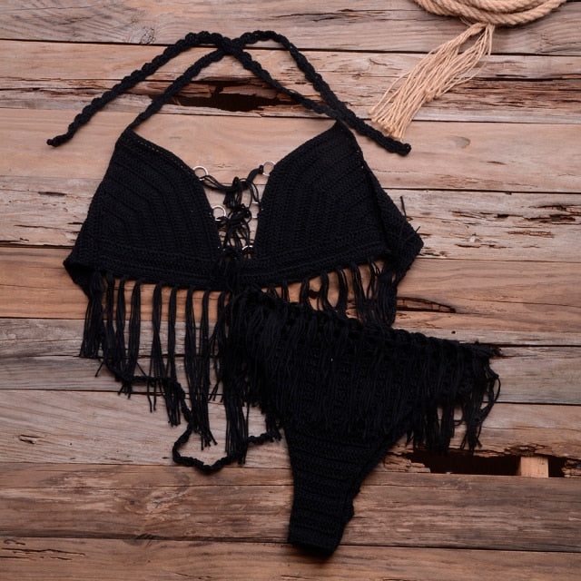 Crochet Knitted Tassel Bikini Set