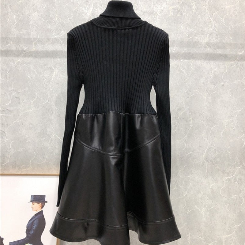 Leather Turtleneck Sweater Dress