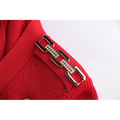 Red Knitting V-neck Stretchy Wool Blend Dress