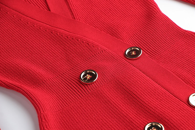 Red Knitting V-neck Stretchy Wool Blend Dress
