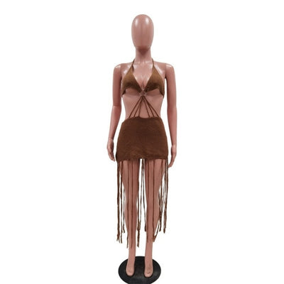 Boho Knit Crop Tops Tassel Skirts Backless Set
