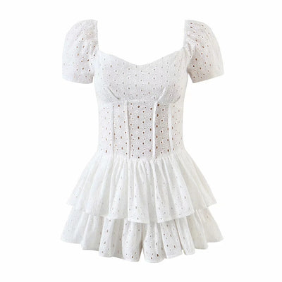 White Embroidery Mini Lace Cotton Ruffle Backless Dress