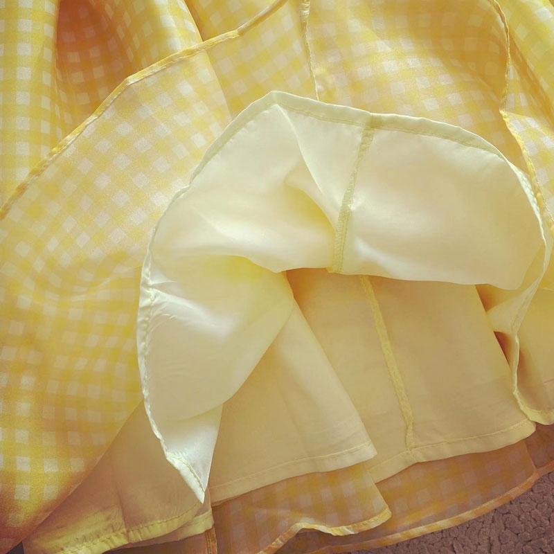 Yellow Plaid Three-Layer Bubble Mini Dress