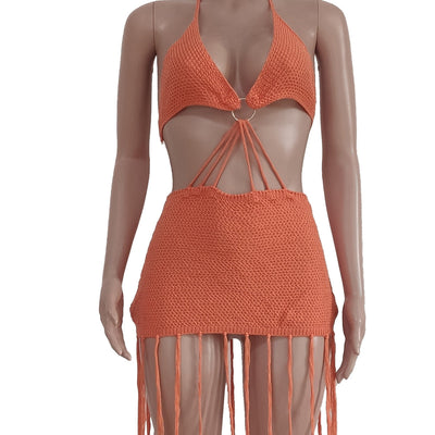 Boho Knit Crop Tops Tassel Skirts Backless Set