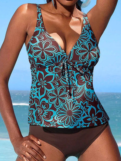 Modioza Niedrige Taille Bademode Strand Badeanzüge Floral V-Ausschnitt Tummy Control Tankini Bodysuit